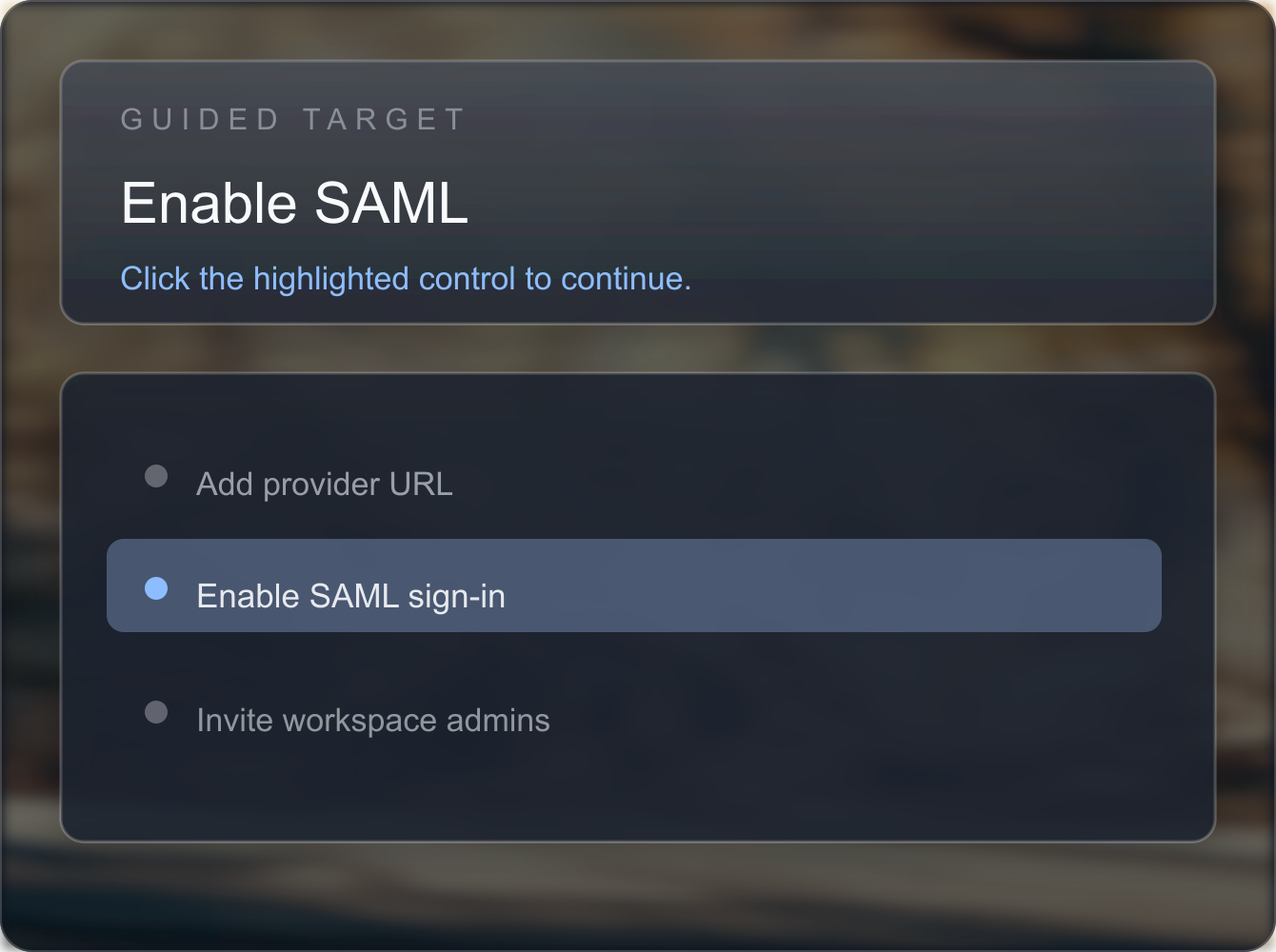 Peazy Guide highlighting the Enable SAML step with a guided cursor and HUD