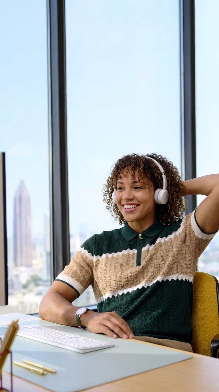 A customer smiling at her desk while using Peazy